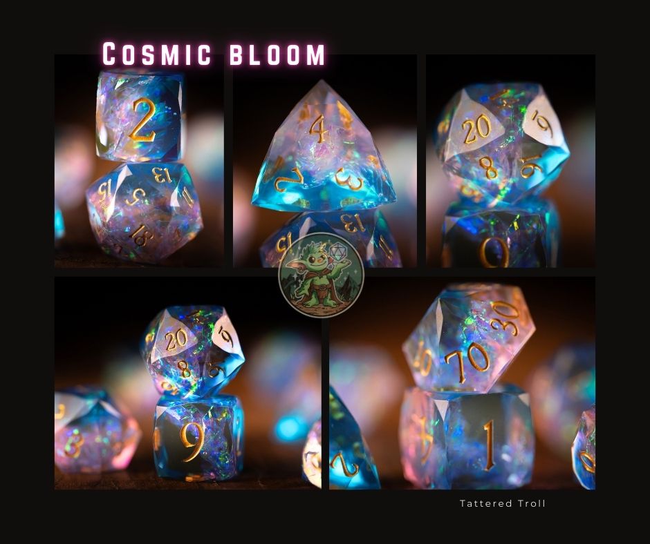 Cosmic Bloom Diamond Cut Resin Dice Set – Sharp Edge DND, Polyhedral RPG