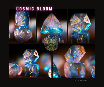 Cosmic Bloom Diamond Cut Resin Dice Set – Sharp Edge DND, Polyhedral RPG