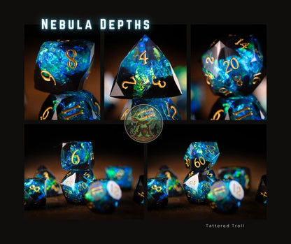 Nebula Depths Diamond Cut Resin Dice Set – Sharp Edge DND, Polyhedral RPG