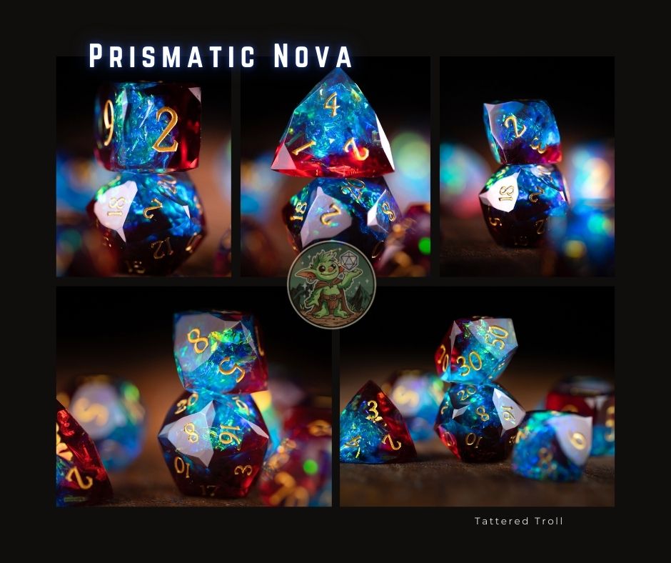 Cosmic Bloom Diamond Cut Resin Dice Set – Sharp Edge DND, Polyhedral RPG