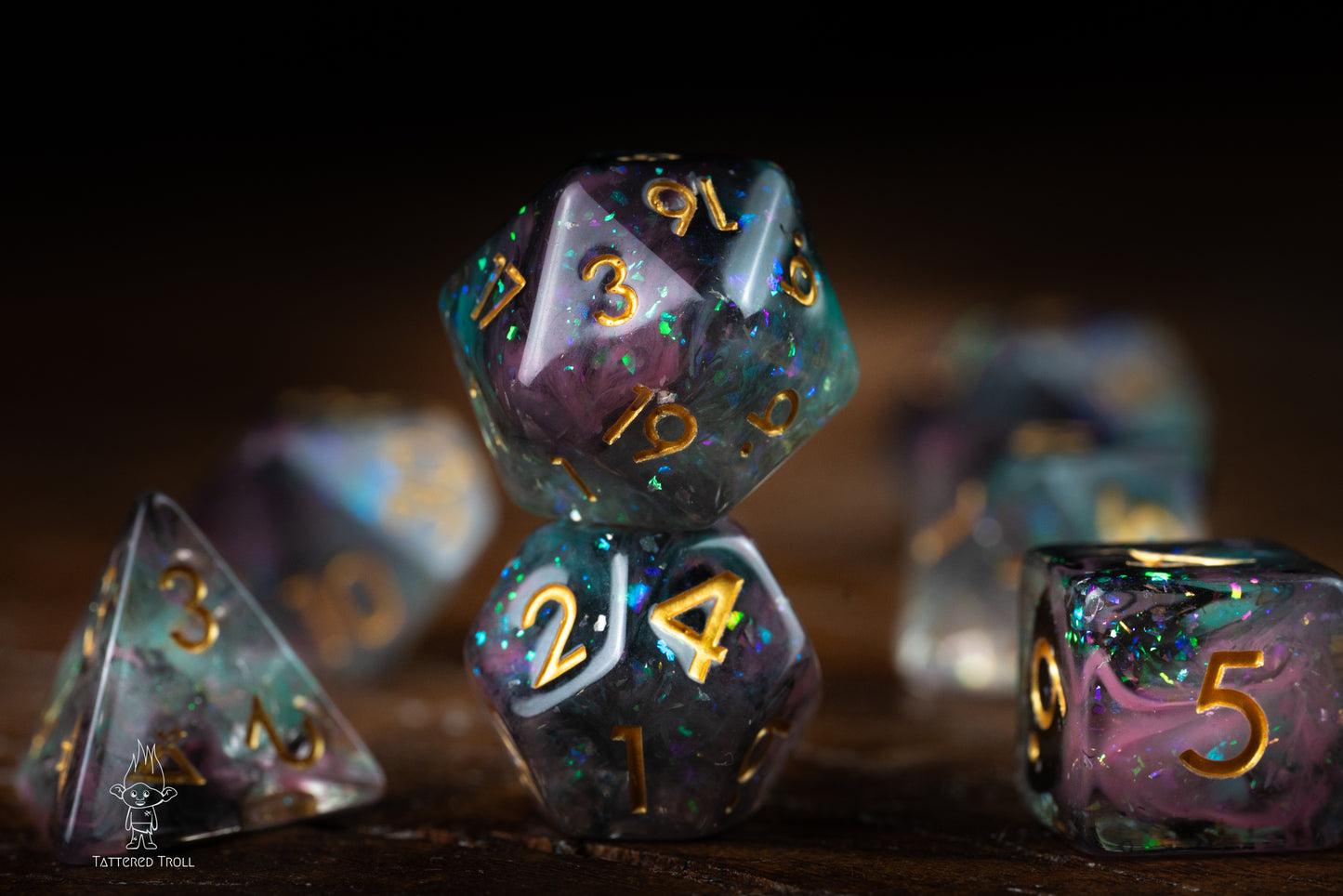 Star Shade Space Dice Set: DnD Resin Polyhedral Glitter Dice in Blue