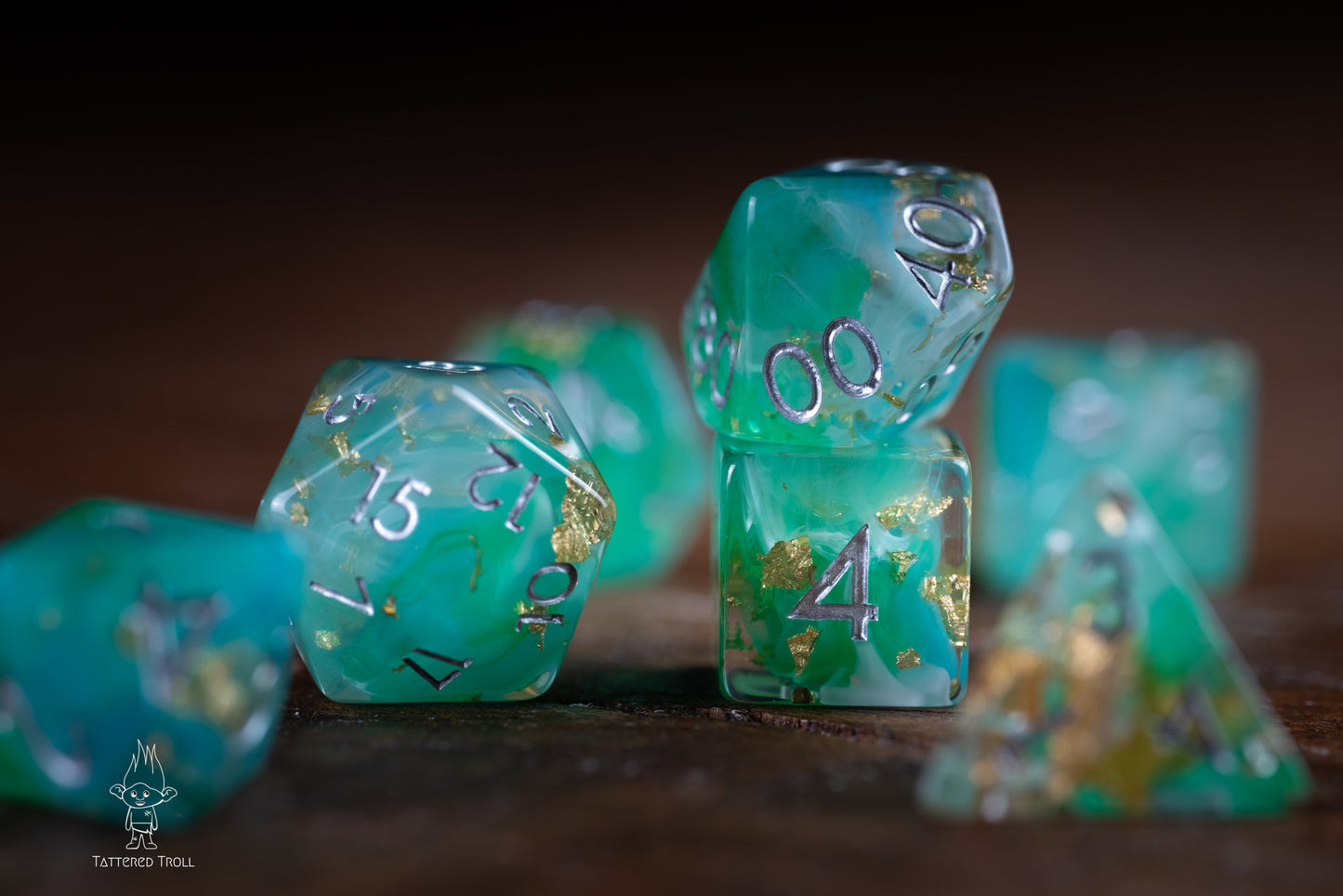 Emerald Sky Space Dice Set: DnD Resin Polyhedral Glitter Dice in Gold and Green