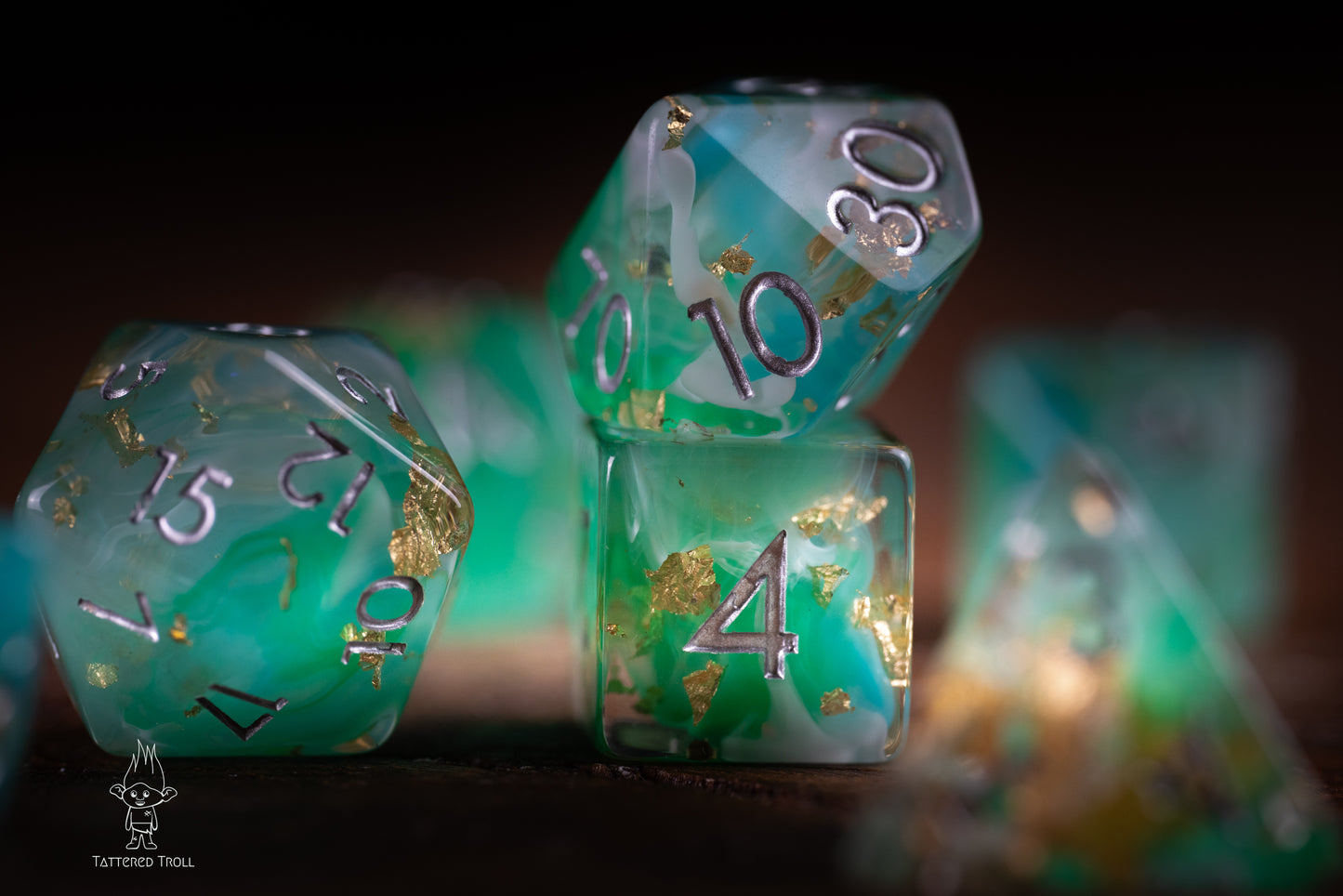 Emerald Sky Space Dice Set: DnD Resin Polyhedral Glitter Dice in Gold and Green