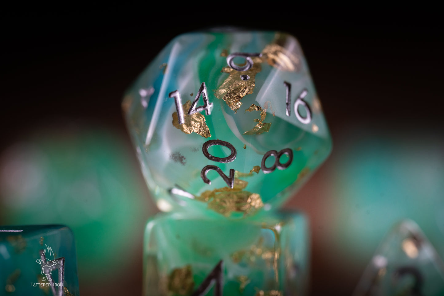 Emerald Sky Space Dice Set: DnD Resin Polyhedral Glitter Dice in Gold and Green