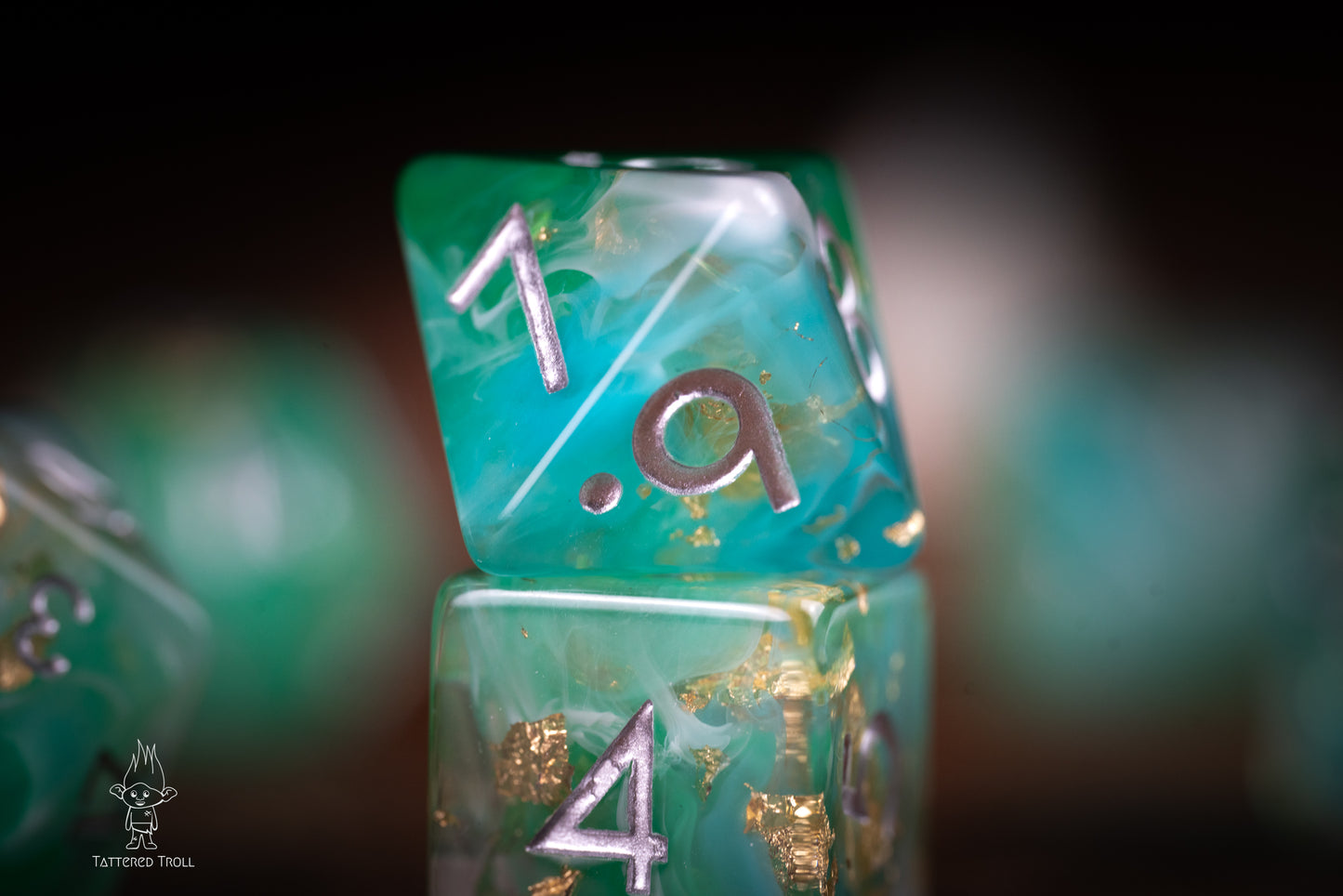 Emerald Sky Space Dice Set: DnD Resin Polyhedral Glitter Dice in Gold and Green