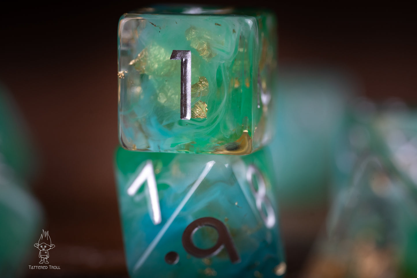 Emerald Sky Space Dice Set: DnD Resin Polyhedral Glitter Dice in Gold and Green