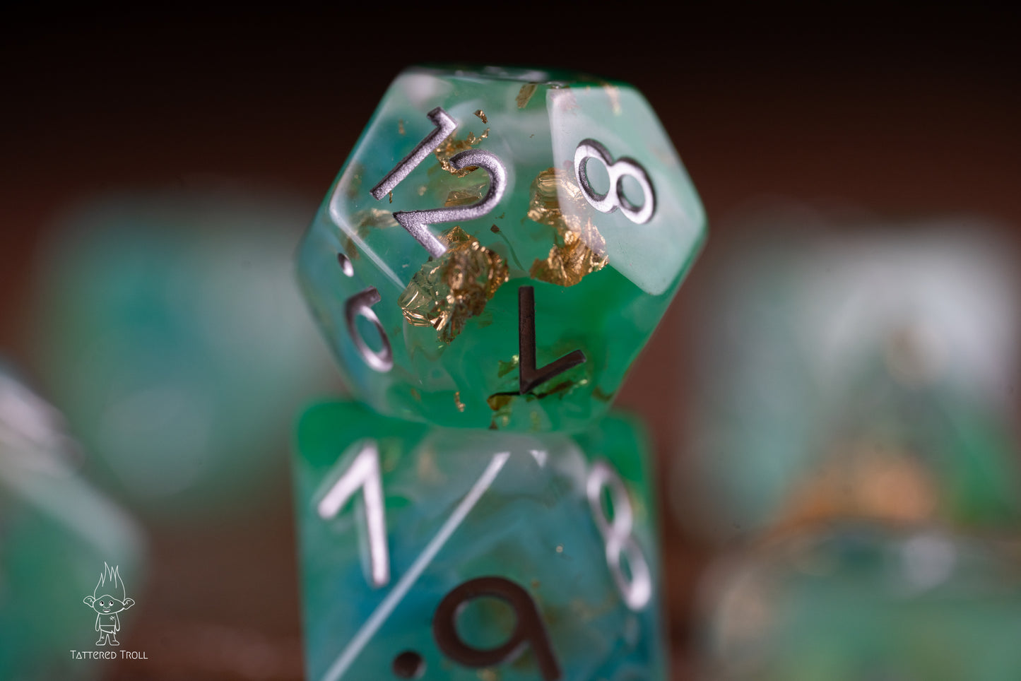 Emerald Sky Space Dice Set: DnD Resin Polyhedral Glitter Dice in Gold and Green