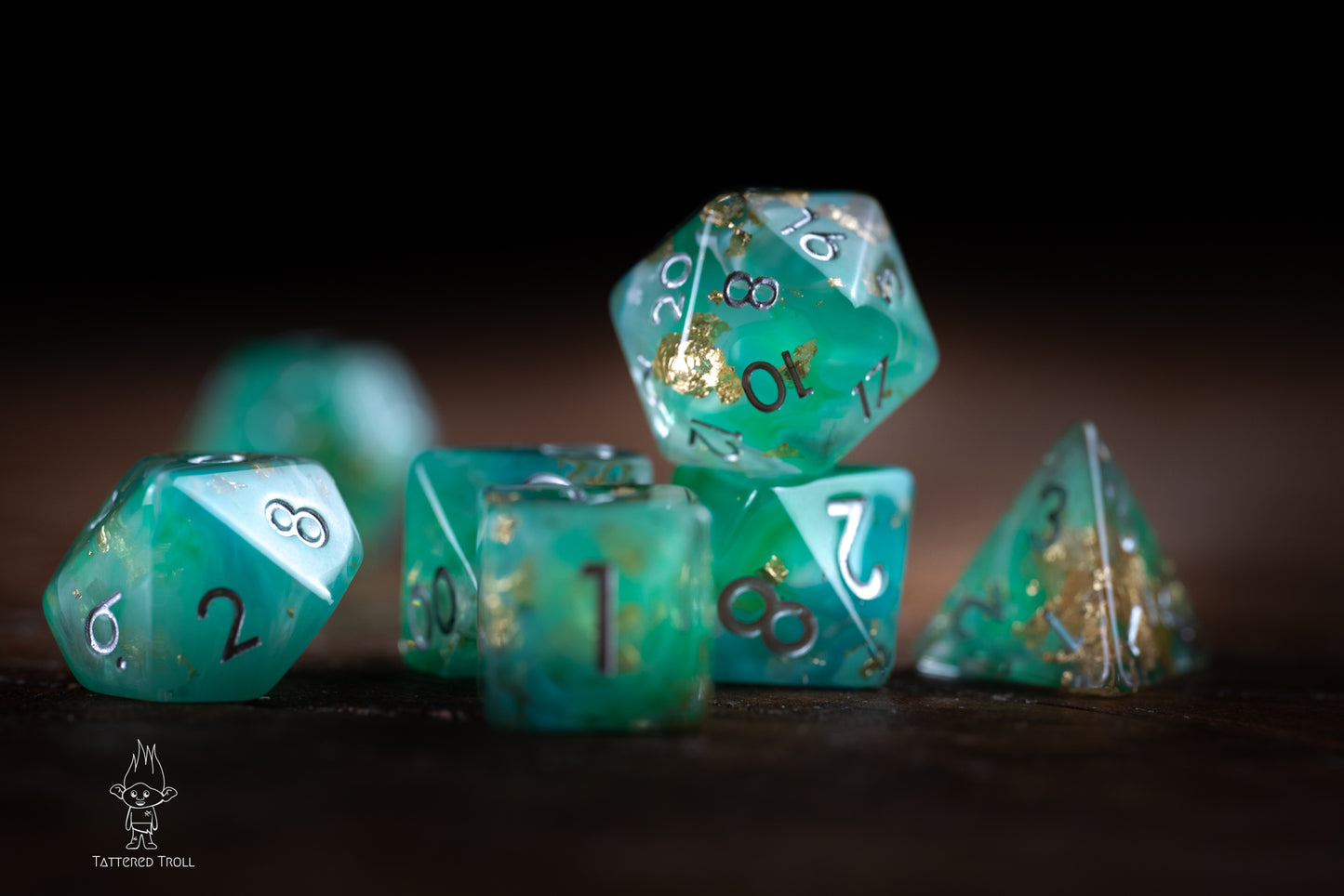 Emerald Sky Space Dice Set: DnD Resin Polyhedral Glitter Dice in Gold and Green