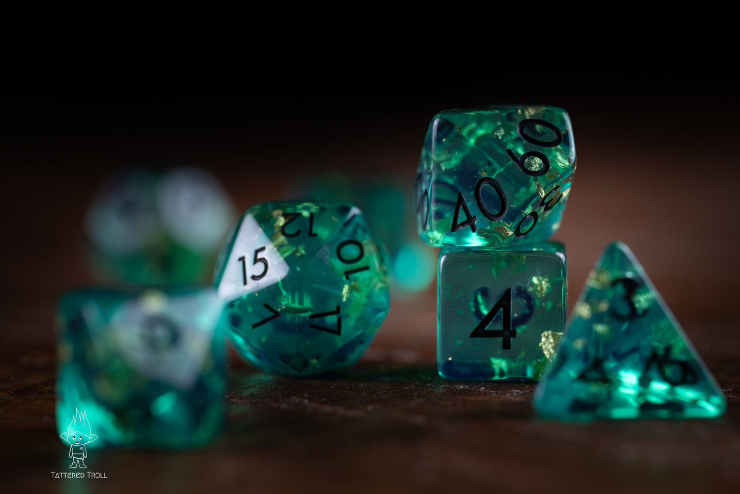 Astro Glow Space Dice Set: DnD Resin Polyhedral Glitter Dice in Blue and Green