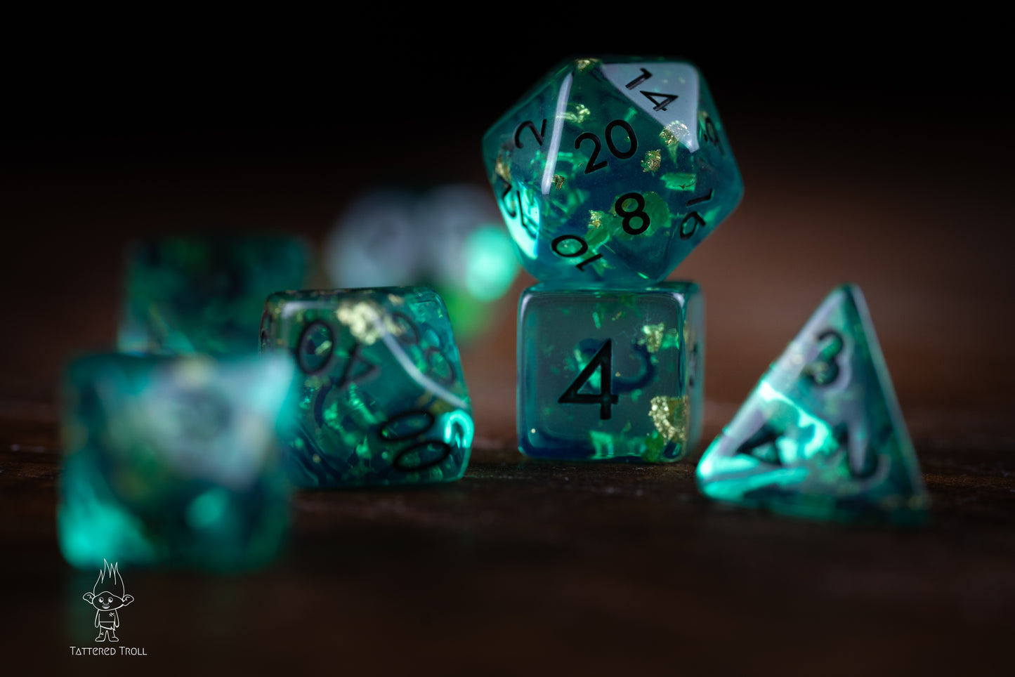 Astro Glow Space Dice Set: DnD Resin Polyhedral Glitter Dice in Blue and Green