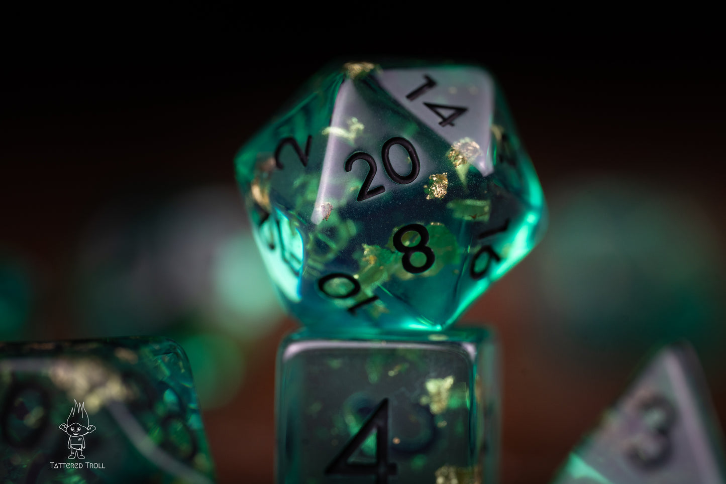 Astro Glow Space Dice Set: DnD Resin Polyhedral Glitter Dice in Blue and Green