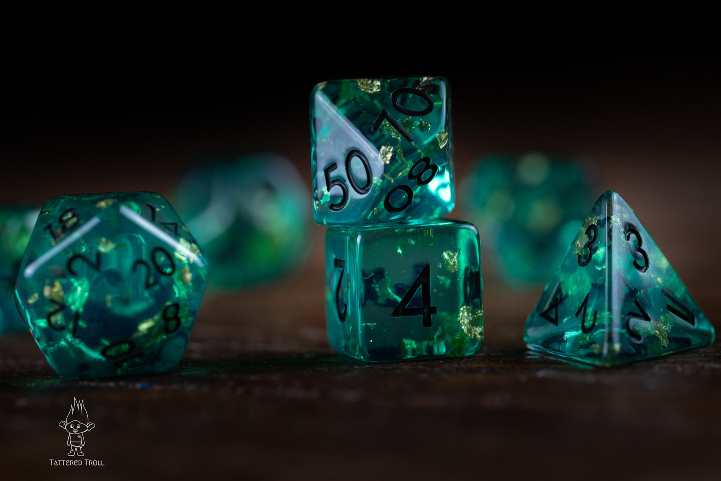 Astro Glow Space Dice Set: DnD Resin Polyhedral Glitter Dice in Blue and Green