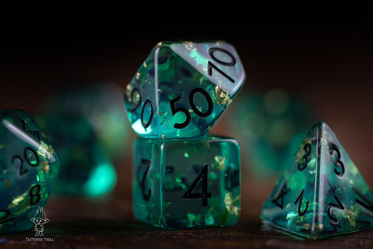 Astro Glow Space Dice Set: DnD Resin Polyhedral Glitter Dice in Blue and Green