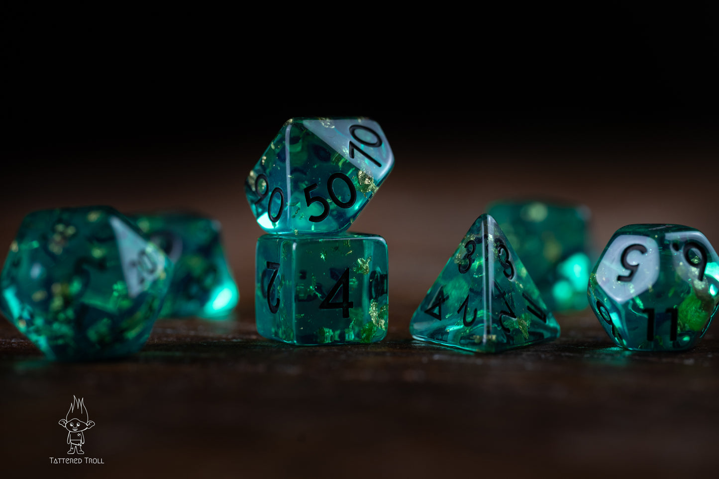 Astro Glow Space Dice Set: DnD Resin Polyhedral Glitter Dice in Blue and Green