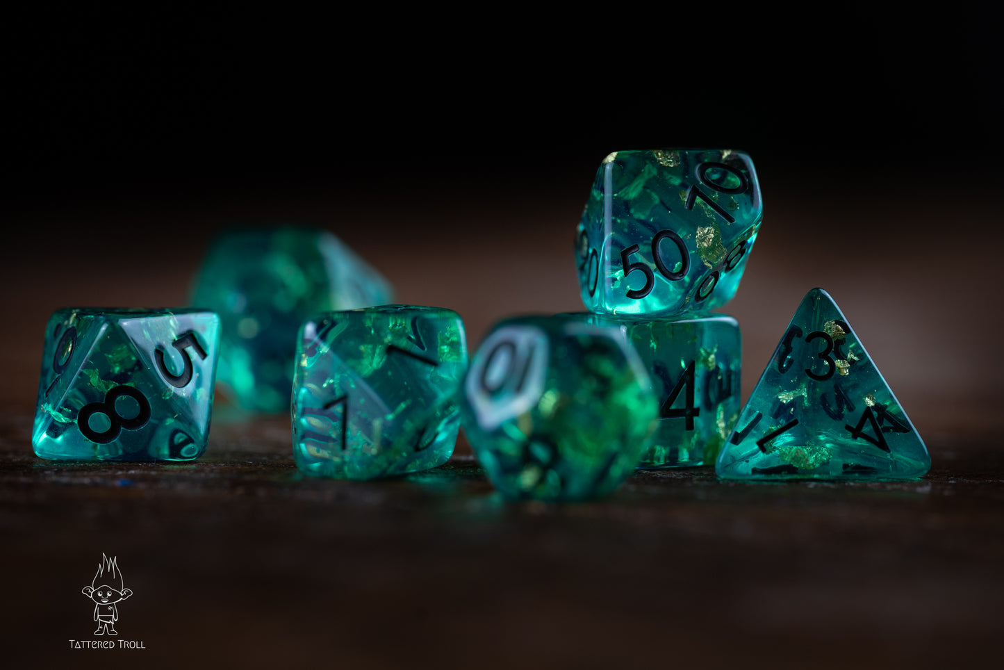 Astro Glow Space Dice Set: DnD Resin Polyhedral Glitter Dice in Blue and Green