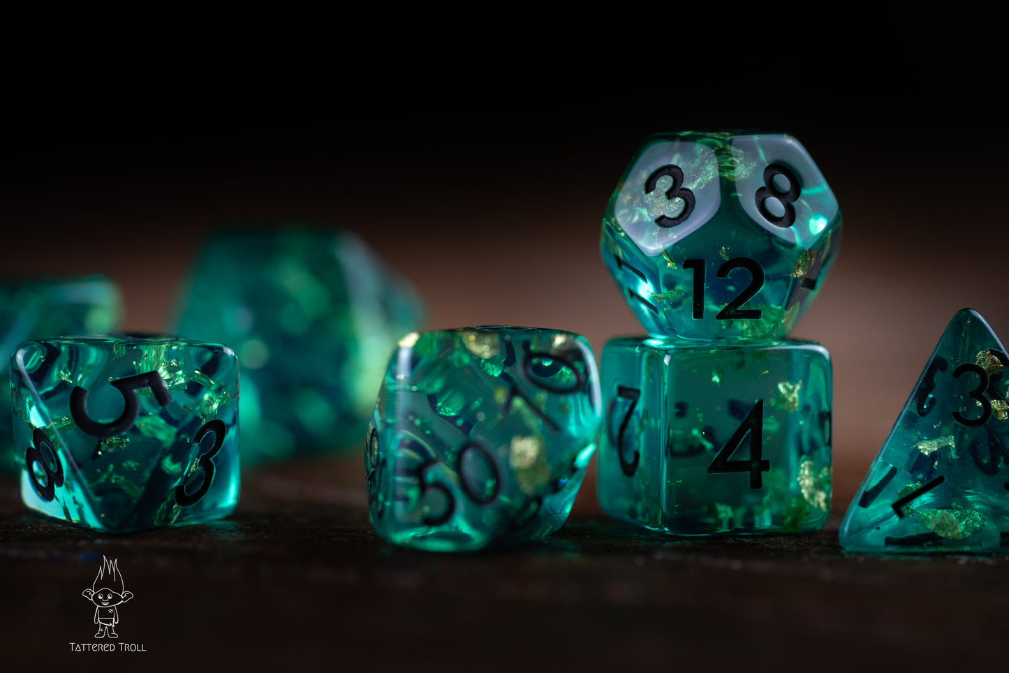 Astro Glow Space Dice Set: DnD Resin Polyhedral Glitter Dice in Blue and Green