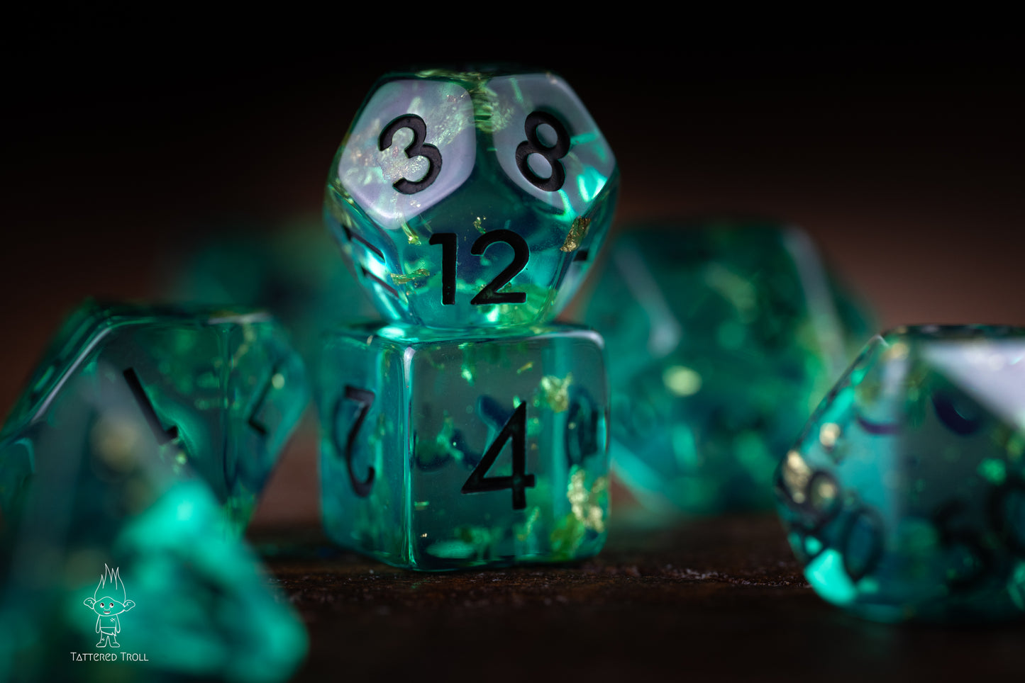 Astro Glow Space Dice Set: DnD Resin Polyhedral Glitter Dice in Blue and Green