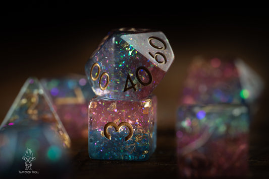 Stardust Sorbet Space Dice Set: DnD Resin Polyhedral Glitter Dice in Blue and Purple