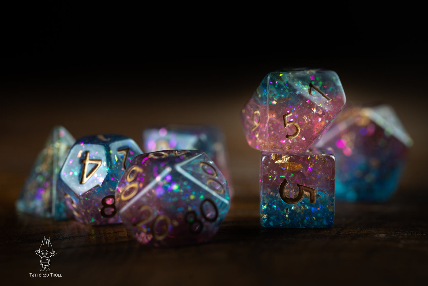 Stardust Sorbet Space Dice Set: DnD Resin Polyhedral Glitter Dice in Blue and Purple