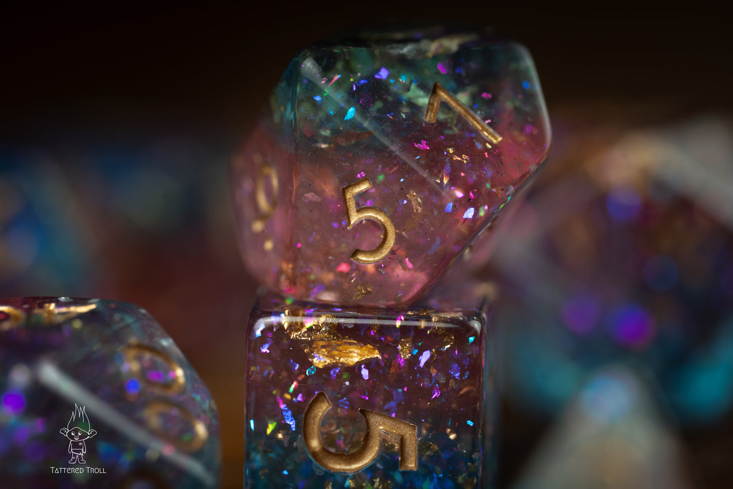 Stardust Sorbet Space Dice Set: DnD Resin Polyhedral Glitter Dice in Blue and Purple