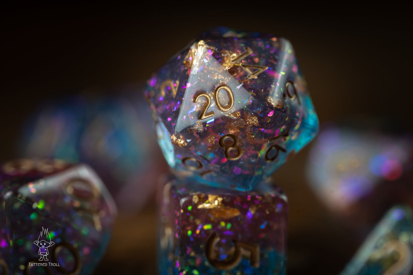 Stardust Sorbet Space Dice Set: DnD Resin Polyhedral Glitter Dice in Blue and Purple