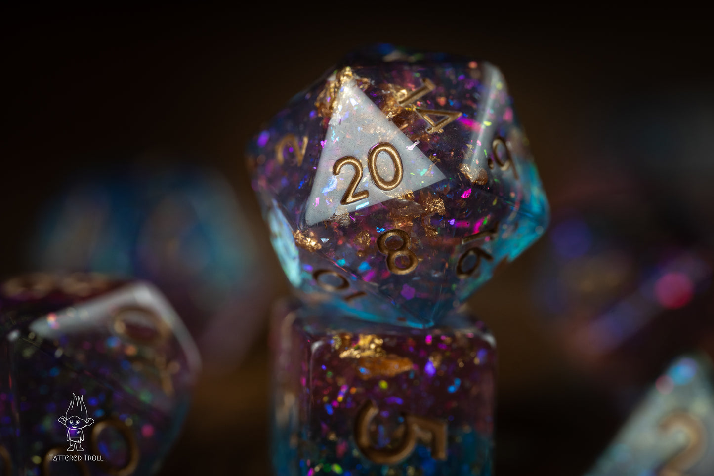 Stardust Sorbet Space Dice Set: DnD Resin Polyhedral Glitter Dice in Blue and Purple