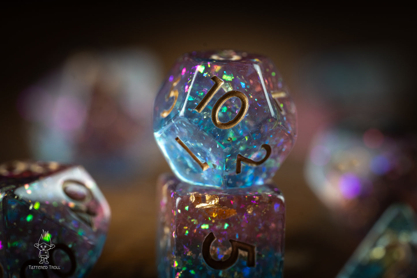 Stardust Sorbet Space Dice Set: DnD Resin Polyhedral Glitter Dice in Blue and Purple