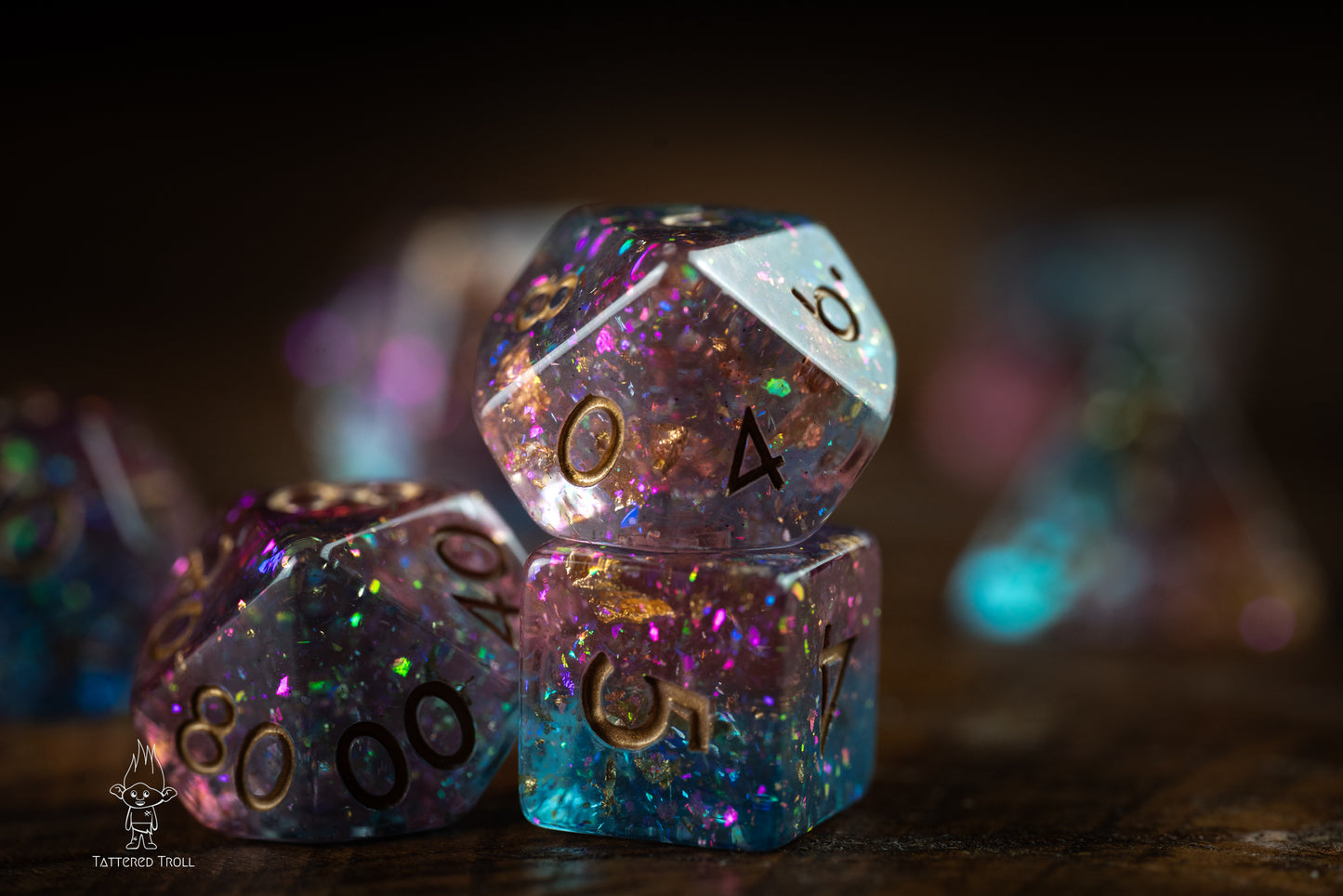 Stardust Sorbet Space Dice Set: DnD Resin Polyhedral Glitter Dice in Blue and Purple