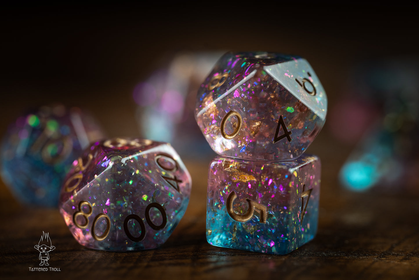 Stardust Sorbet Space Dice Set: DnD Resin Polyhedral Glitter Dice in Blue and Purple