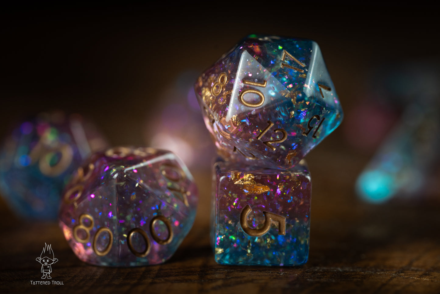 Stardust Sorbet Space Dice Set: DnD Resin Polyhedral Glitter Dice in Blue and Purple