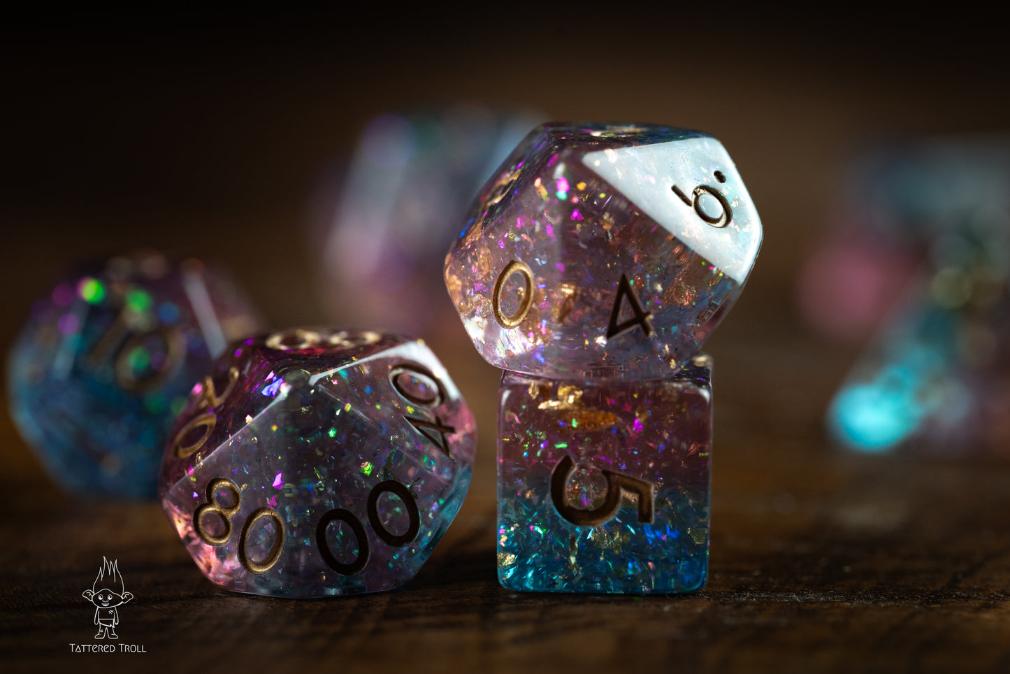 Stardust Sorbet Space Dice Set: DnD Resin Polyhedral Glitter Dice in Blue and Purple