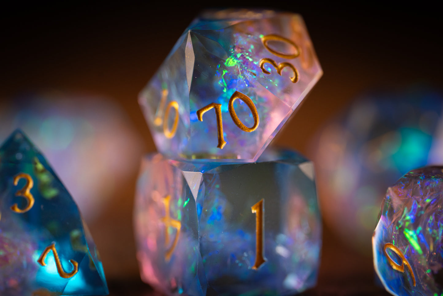 Cosmic Bloom Diamond Cut Resin Dice Set – Sharp Edge DND, Polyhedral RPG