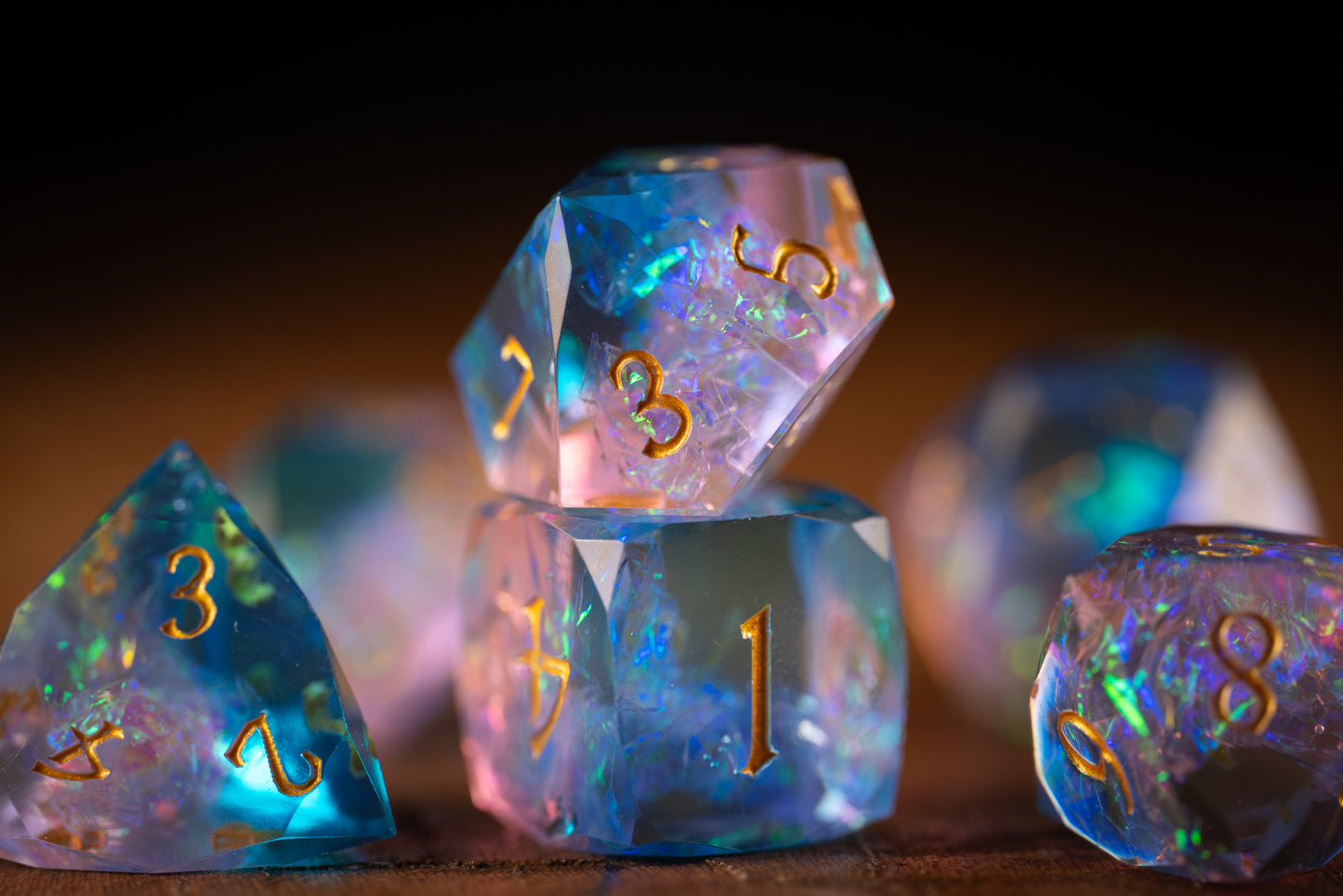 Cosmic Bloom Diamond Cut Resin Dice Set – Sharp Edge DND, Polyhedral RPG