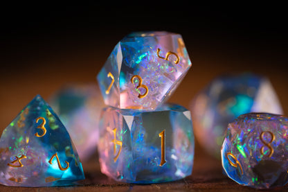 Cosmic Bloom Diamond Cut Resin Dice Set – Sharp Edge DND, Polyhedral RPG