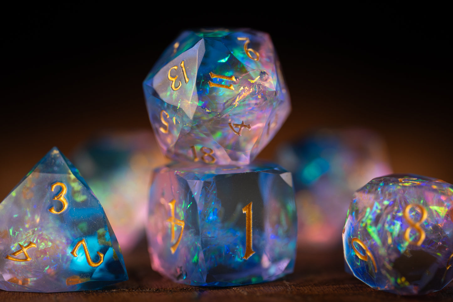 Cosmic Bloom Diamond Cut Resin Dice Set – Sharp Edge DND, Polyhedral RPG