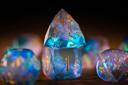 Cosmic Bloom Diamond Cut Resin Dice Set – Sharp Edge DND, Polyhedral RPG