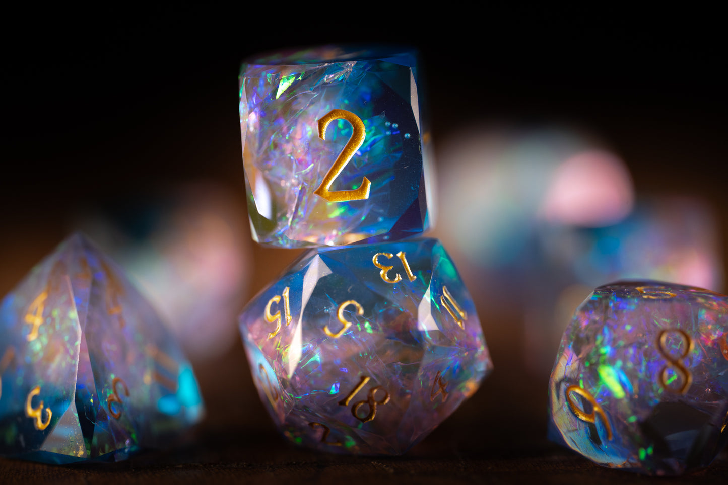 Cosmic Bloom Diamond Cut Resin Dice Set – Sharp Edge DND, Polyhedral RPG