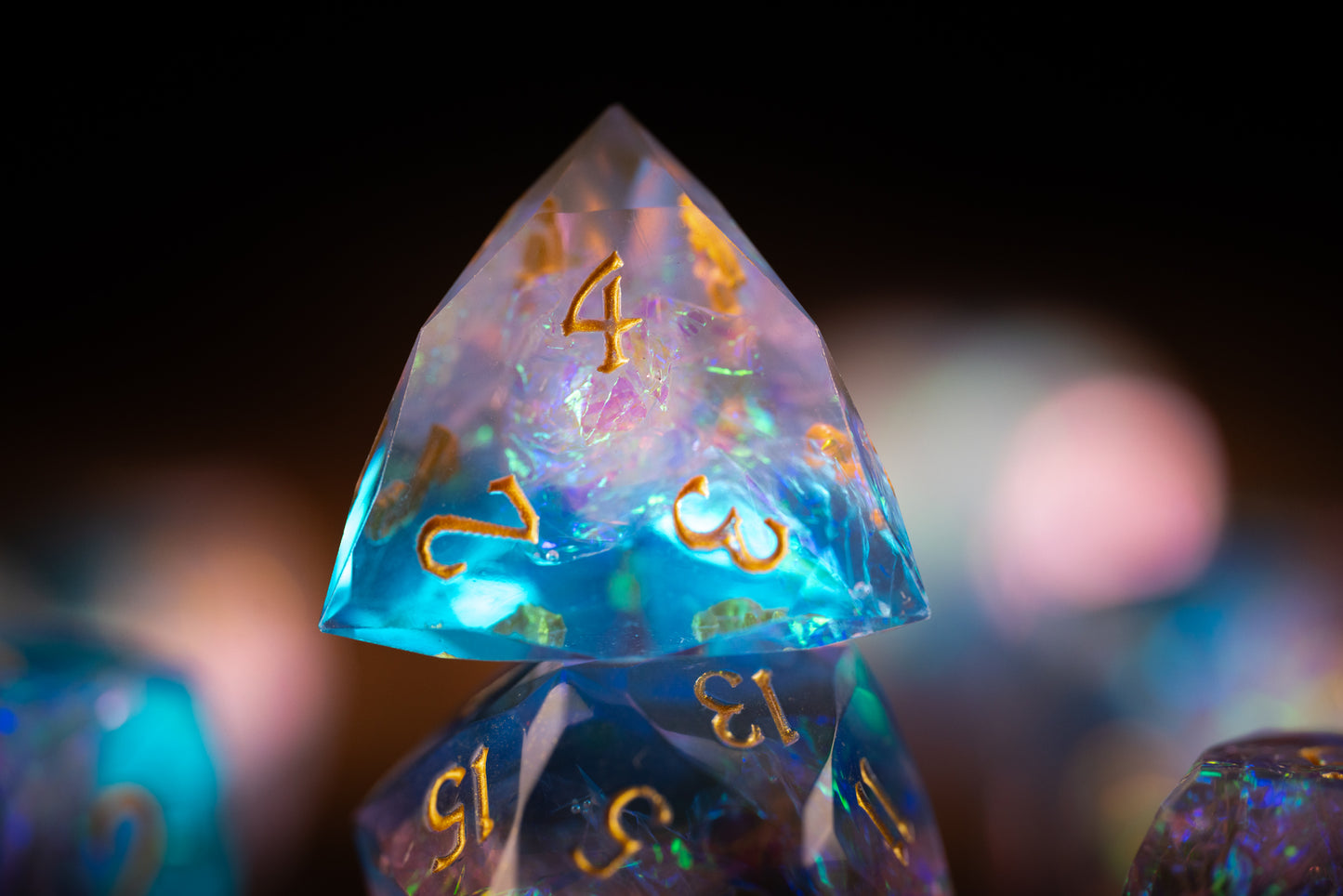 Cosmic Bloom Diamond Cut Resin Dice Set – Sharp Edge DND, Polyhedral RPG