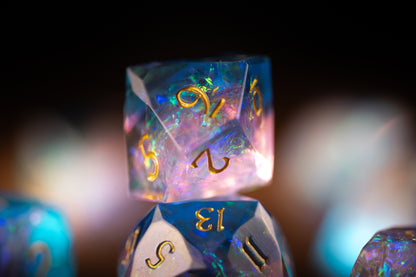 Cosmic Bloom Diamond Cut Resin Dice Set – Sharp Edge DND, Polyhedral RPG