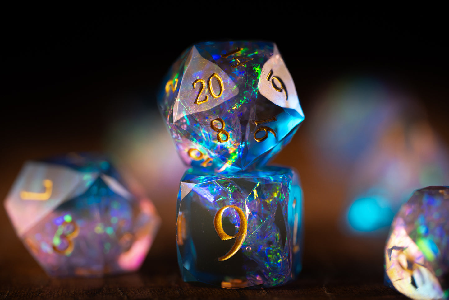 Cosmic Bloom Diamond Cut Resin Dice Set – Sharp Edge DND, Polyhedral RPG