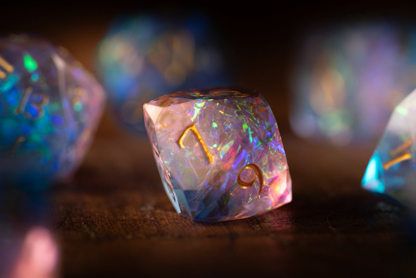 Cosmic Bloom Diamond Cut Resin Dice Set – Sharp Edge DND, Polyhedral RPG