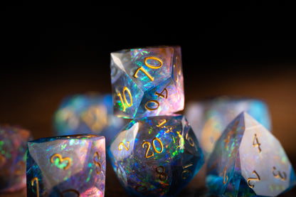 Cosmic Bloom Diamond Cut Resin Dice Set – Sharp Edge DND, Polyhedral RPG