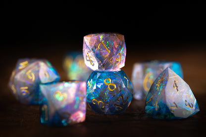 Cosmic Bloom Diamond Cut Resin Dice Set – Sharp Edge DND, Polyhedral RPG