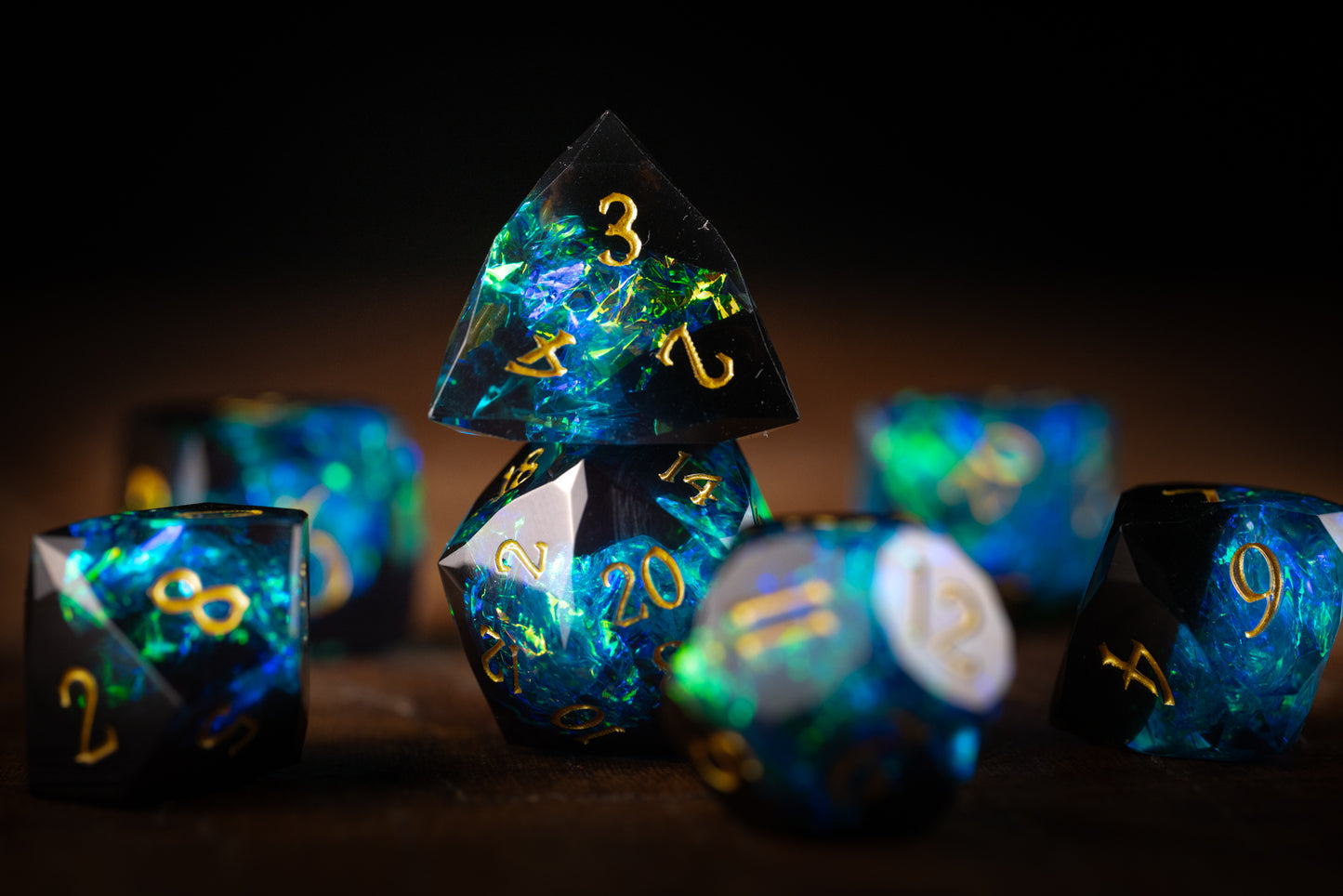 Nebula Depths Diamond Cut Resin Dice Set – Sharp Edge DND, Polyhedral RPG