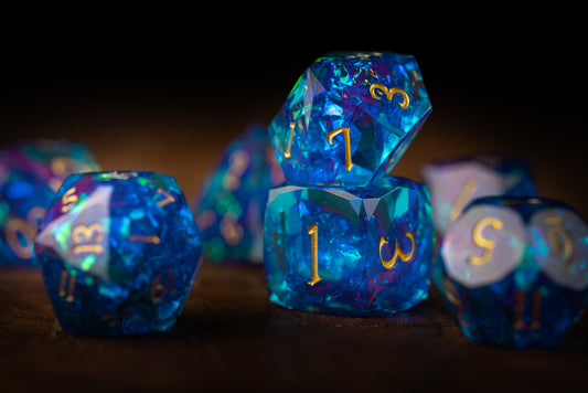 Amethyst Nebula Diamond Cut Resin Dice Set – Sharp Edge DND, Polyhedral RPG