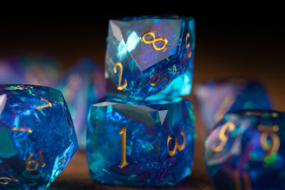 Amethyst Nebula Diamond Cut Resin Dice Set – Sharp Edge DND, Polyhedral RPG