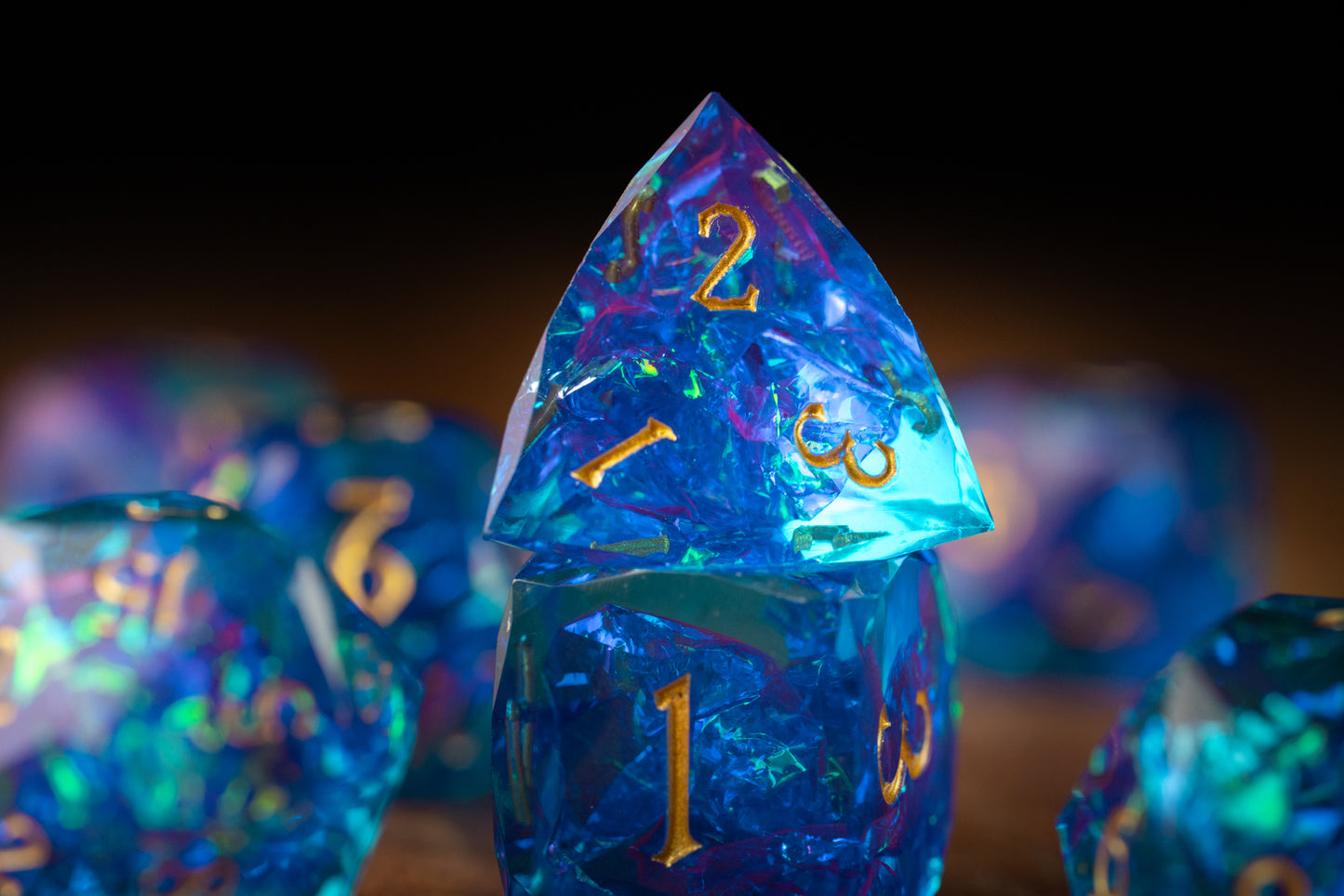 Amethyst Nebula Diamond Cut Resin Dice Set – Sharp Edge DND, Polyhedral RPG