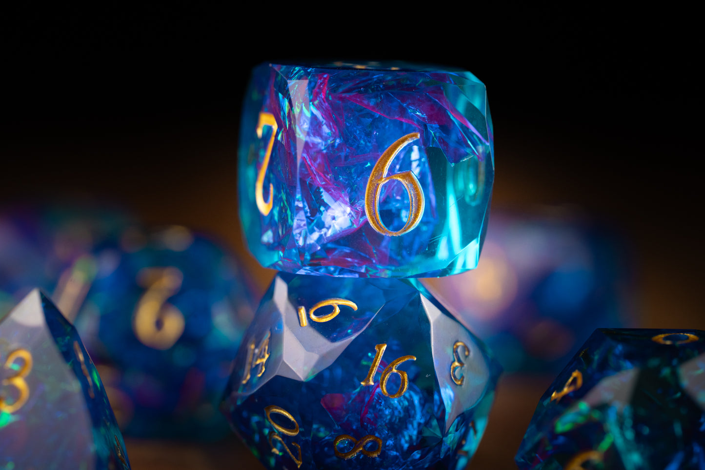 Amethyst Nebula Diamond Cut Resin Dice Set – Sharp Edge DND, Polyhedral RPG