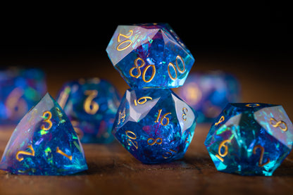 Amethyst Nebula Diamond Cut Resin Dice Set – Sharp Edge DND, Polyhedral RPG