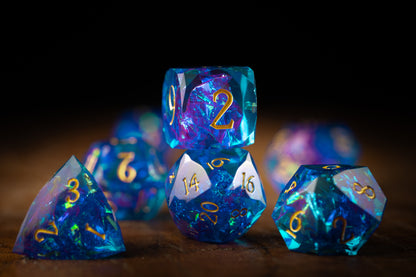 Amethyst Nebula Diamond Cut Resin Dice Set – Sharp Edge DND, Polyhedral RPG